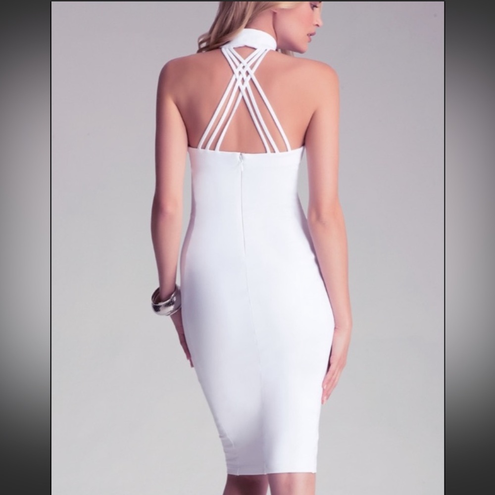 bebe mock neck cross strap midi dress egret white XXS